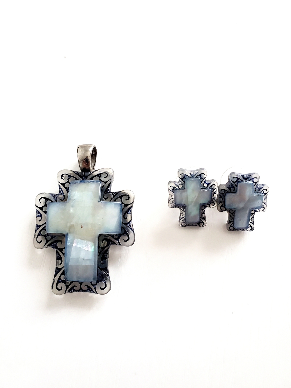 Sterling-Inspired Blue Mother-of-Pearl Cross Pendant and Stud Earrings Set